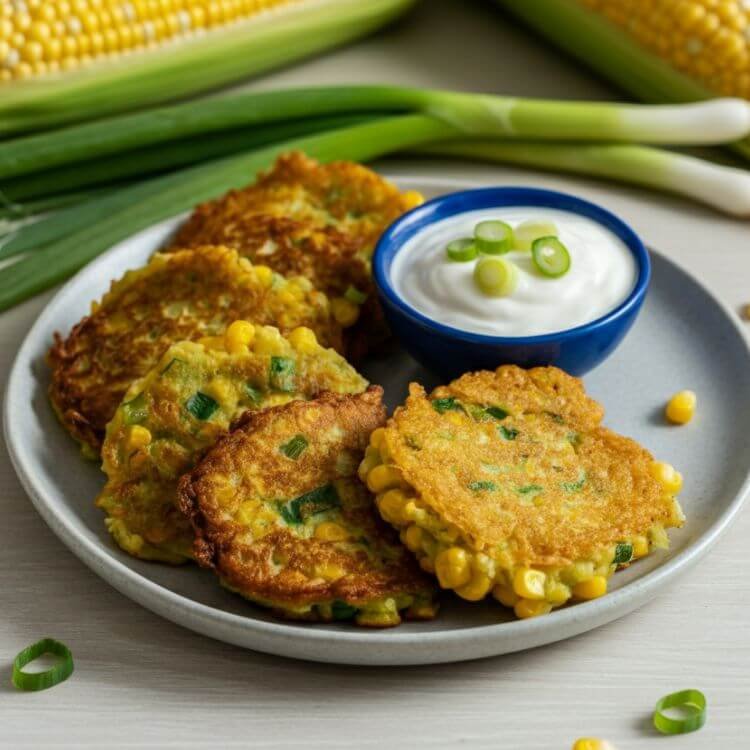A vibrant plate of golden, crispy Summer Squash and Corn Fritters resting on a light wooden table. The fritters are perfectly round with a golden-brown exterior, flecked with visible corn kernels and green scallion slices. They are presented alongside a small bowl of creamy Greek yogurt and a zesty orange aioli for dipping.
