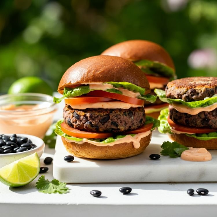 Vegetarian Black Bean Burgers with Spicy Mayo