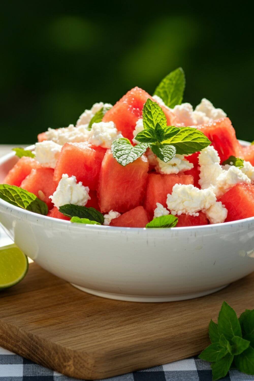 A vibrant summer salad featuring juicy watermelon chunks, creamy white feta crumbles, and bright green mint leaves served in a white rustic bowl, with lime wedges on the side and a light, sunny background.