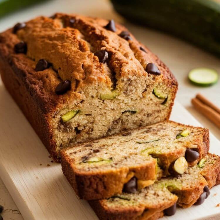 A close look of a freshly baked zucchini bread loaf. The bread is sliced, revealing its moist texture with flecks of green zucchini and optional add-ins like chocolate chips or walnuts. The loaf rests on a light wooden cutting board surrounded by key ingredients: zucchinis, cinnamon sticks.
