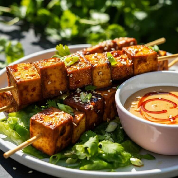 BBQ Tofu Skewers with Peanut Sauce