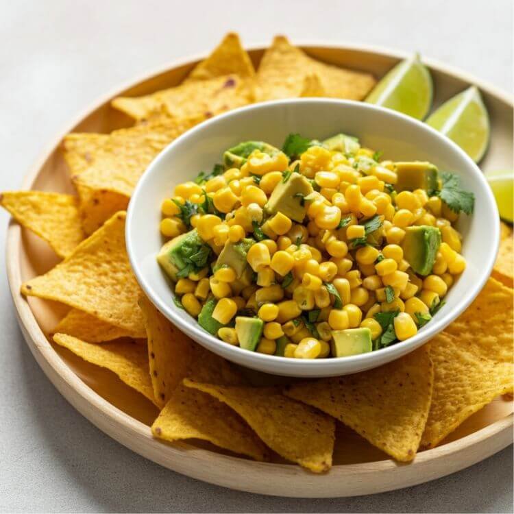 Corn and Avocado Salsa with Lime Chips