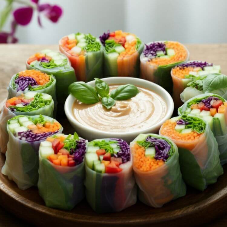 Summer Rainbow Veggie Rolls with Peanut Sauce