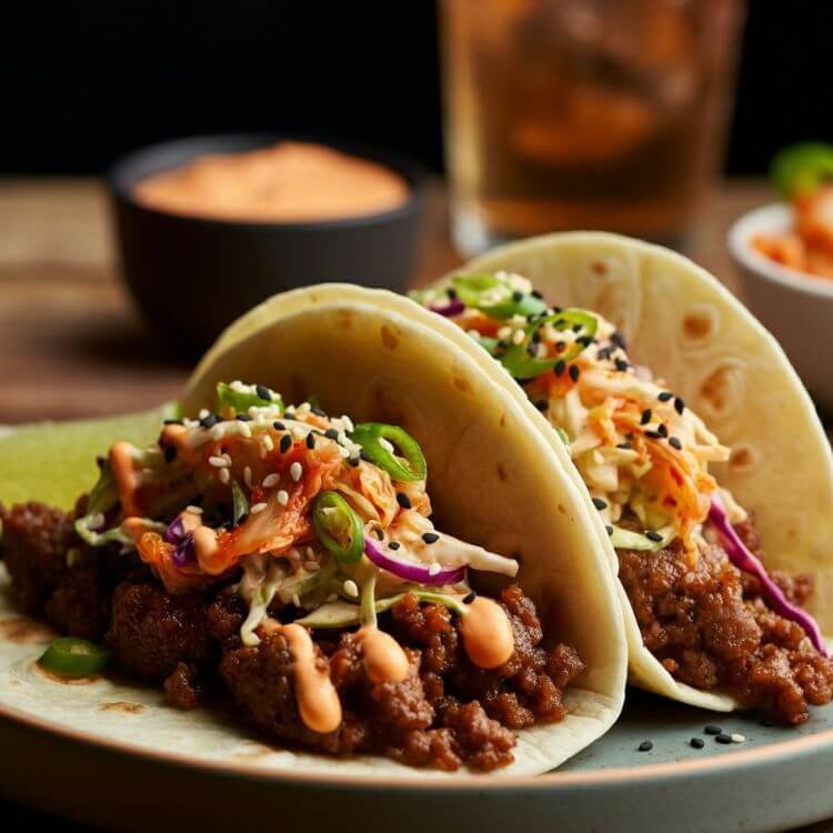 Korean BBQ Ground Beef Tacos with Kimchi Slaw