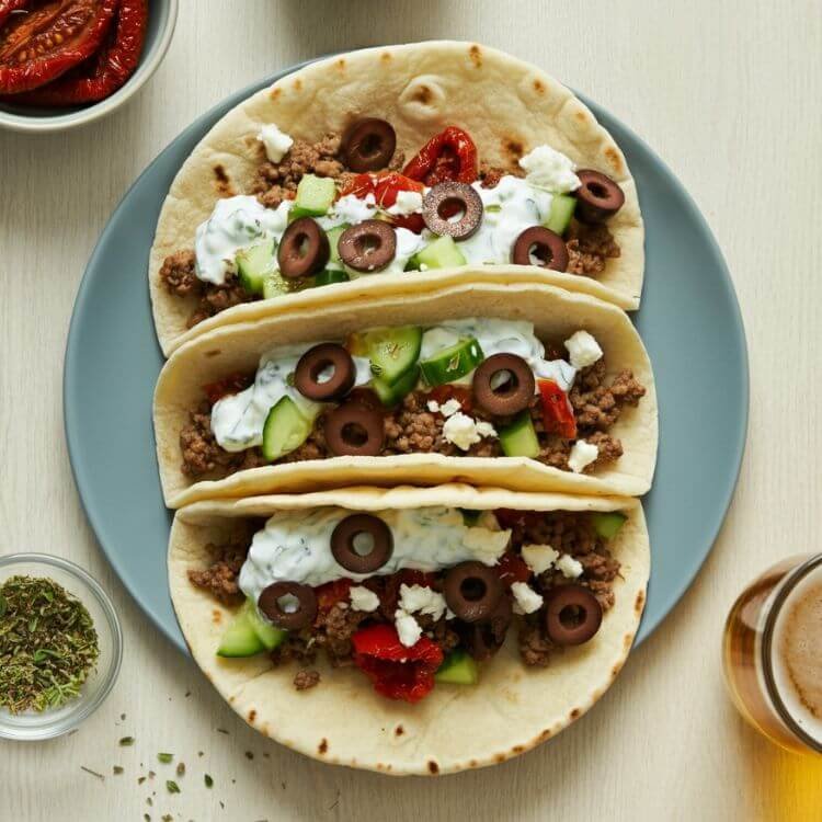 Mediterranean Ground Beef Tacos with Feta and Olives
