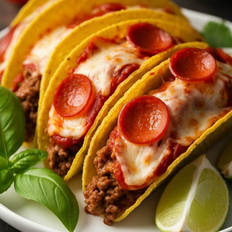 Pizza Ground Beef Tacos with Mozzarella and Pepperoni