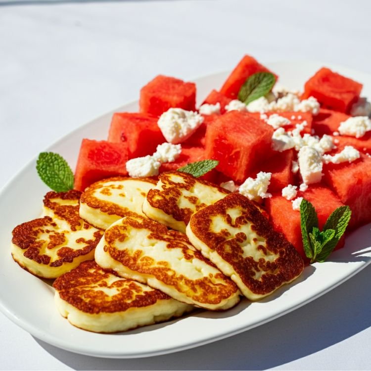 Watermelon and Feta Salad with Grilled Halloumi
