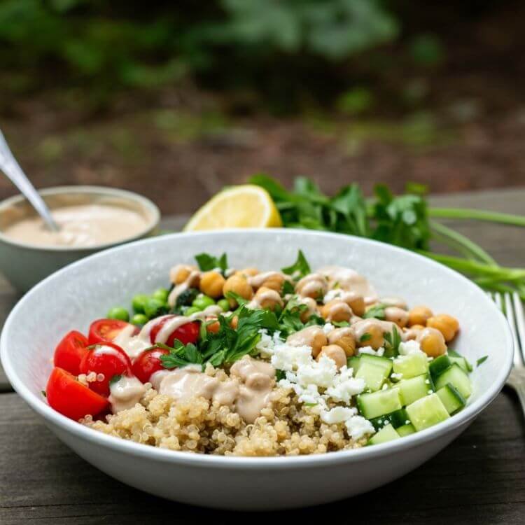 Quinoa Power Bowl with Chickpeas and Tahini