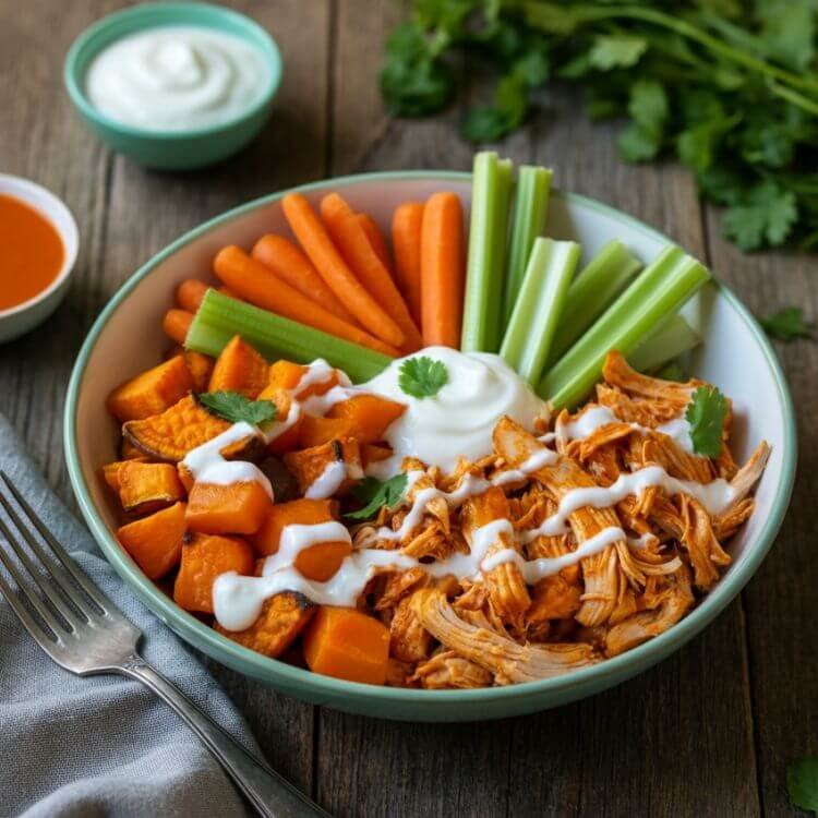 Spicy Buffalo Chicken and Sweet Potato Bowls